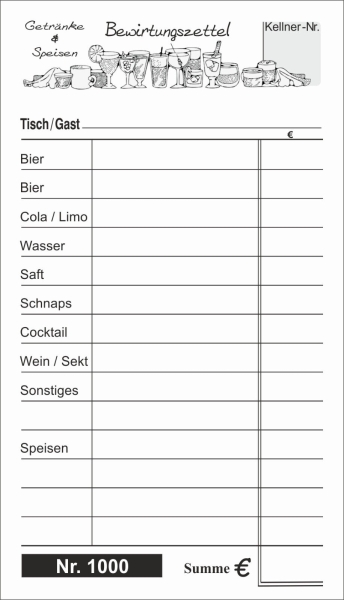 1000 "Bewirtungszettel" - Kellnerzettel - Kellnerblöcke - Abrechnungszettel - neutral - 170 g/m² - 14,5 cm x 8,3 cm - SW